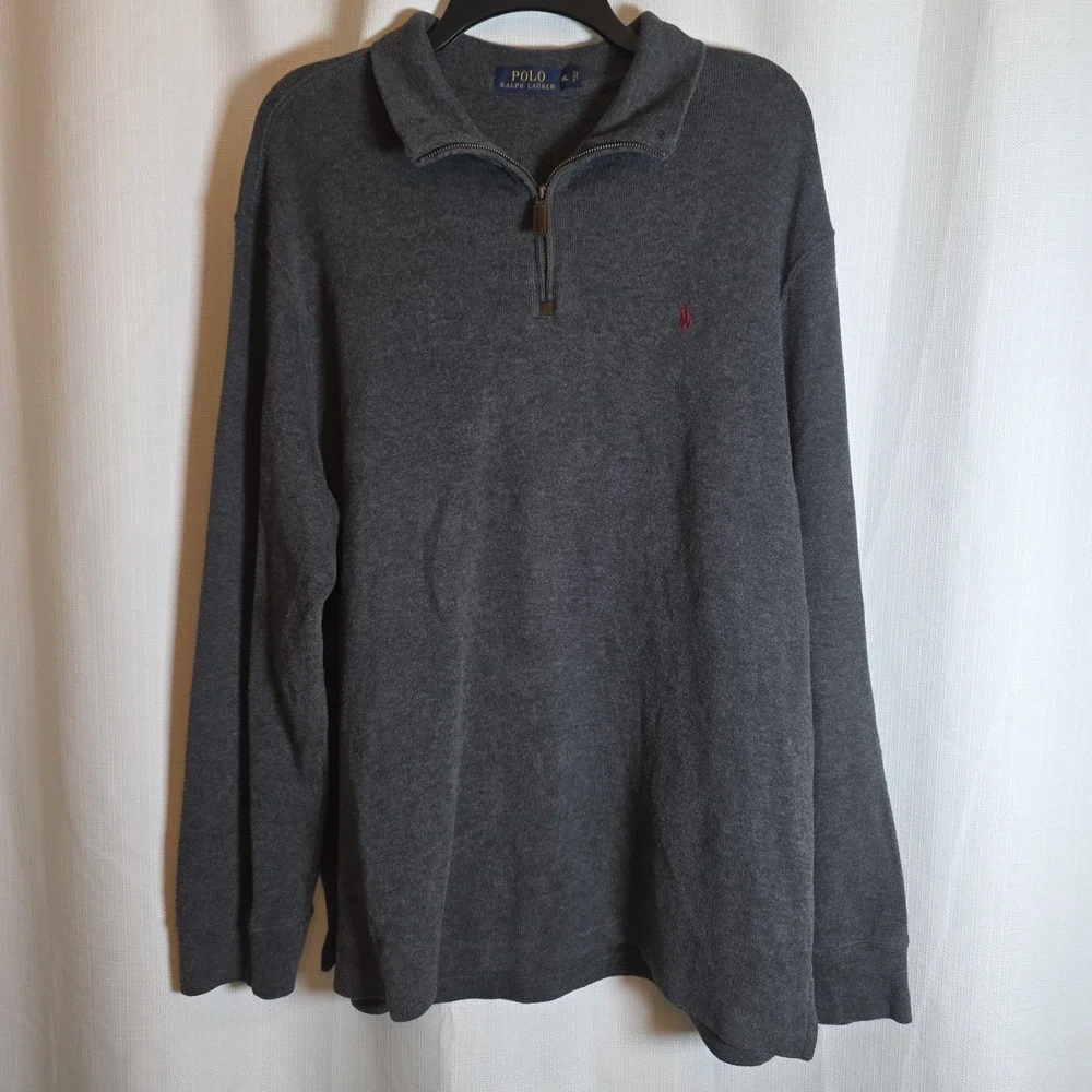 Polo Ralph Lauren Sweater Mens XL Gray 1/4 Zip Mock Neck Cotton Pullover Knit